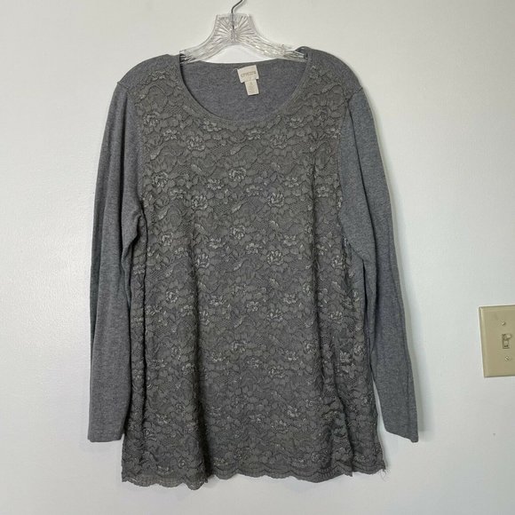 Chico's Other - Chicos SZ 3 US XL Heathered Gray Lace Overlay Long Sleeve Scoop Neck Sweater Top